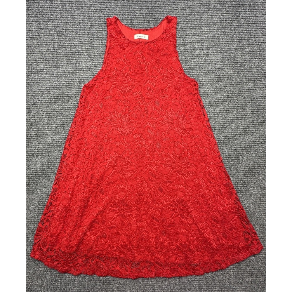 Ginger G Dress Womens Medium Red Lace Trapeze Swing Sleeveless Lined‎ Mini Party